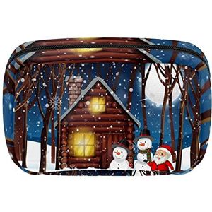Kerst Kerstman Sneeuwpop Cabine in de Winter Hout Cosmetische Rits Pouch Make-up Tas Reizen Waterdichte Toilettassen Voor Vrouwen, Meerkleurig, 17.5x7x10.5cm/6.9x4.1x2.8in