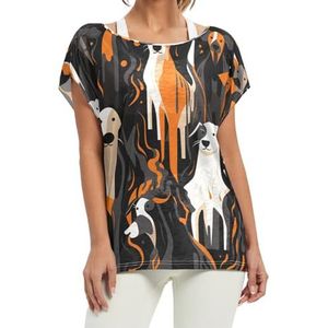 Abstracte oranje honden dames korte vleermuismouwen shirt ronde hals T-shirts losse tops voor meisjes, Patroon, L