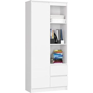 ADGO R11 Boekenkast met vakken, wit, 80 x 180 x 35 cm, boekenkast met deuren en laden, opbergrek, open staande plank, kantoorplank, ordnerrek, archiefplank (verzending in 3 verpakkingen)