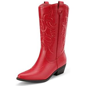 Dream Pairs Cowboylaarzen voor dames, puntige neus, pull-on, cowgirllaarzen, brede kuiten, dikke lage hak, borduurwerk, comfortabele westernlaarzen, outfit voor dames, lente, zomer, Rood, 9.5
