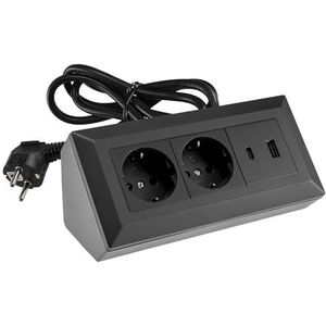 Stekkerblok - Zwart - Hoekstopcontact - 2-voudig Geaard - USB-A en USB-C PD - 1,5 m Kabel