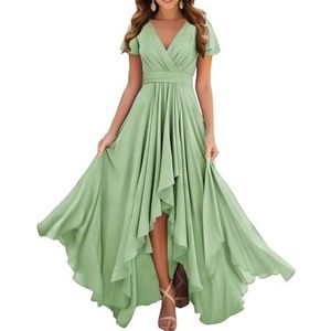 Dames chiffon bruidsmeisjes jurken met split lange galajurken ruches cocktailjurk plus size, Sage Groen, 32