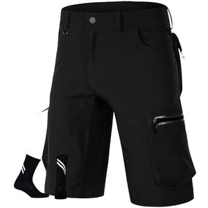 MTB Shorts Voor Heren,losse Pasvorm, Ademend, Zakken Met Rits, Buitensporten, Pak Sokken(All black,XXXXX-Large)