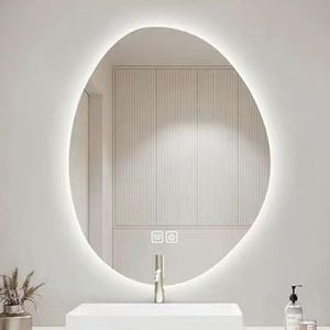 Badkamerspiegel met verlichting spiegel, decoratieve spiegel ovaal asymmetrische, wandgemonteerde anti-condensspiegel met aanraakschakelaar, ontvochtiging, traploos dimmen, duurzaam (afmetingen: 70 cm