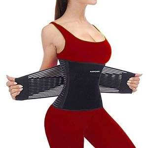 SURPOWN Tailletrainer voor dames en heren, buik-weg-gordel, taille-trimmer, volledige afdekking, afslankende zweetband, sterke rugsteun, verlicht pijn in de onderrug, zwart, zwart, L