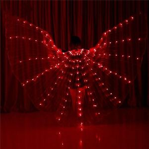 Vlindervleugels, feeënvleugels vleugels van Isis voor volwassenen, buikdansvleugels met led-verlichting en uittrekbare staaf, lichtgevende prestatiekleding voor Halloween en kerstfeesten (rood)