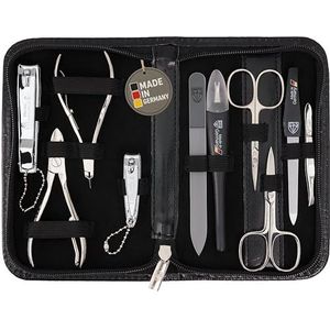 DREI SCHWERTER - Germany 10-delige manicureset 'Spezia' | Nageletui in zwart kunstleer | Inhoud: nagelschaar, nageltang, pincet, glazen nagelvijl en nog veel meer