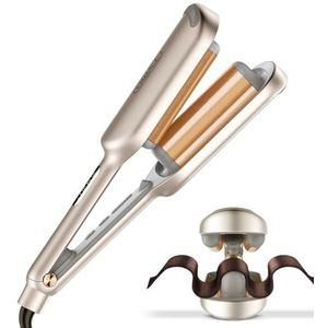 TYMO ROVY Krultang, Golfplaat Grote Krullen Geschikt voor Beginners, 32 mm Ionen Keramische Haar Kreukeltang Crimptang voor Lang Kort Haar met 4 Temperaturen en LED-Display, Hair Waver Crimper, Goud