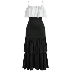 jurken voor dames Colorblock Cami-jurk met ruches aan de zoom - Casual mouwloze lange jurk met spaghettibandjes (Color : Noir, Size : M)