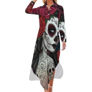 Day of the Dead Floral Skull Goth Maxi-jurk voor dames, lange mouwen, knoopjurk, casual feest, lange jurk, M