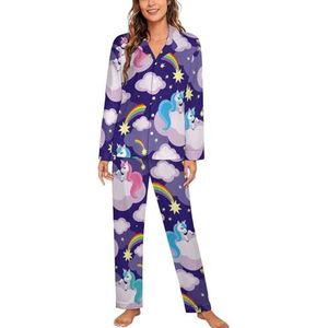 Grappige Eenhoorns Vrouwen Lange Mouw Button Down Nachtkleding Zachte Nachtkleding Lounge Pyjama Set S