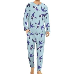 Zwaluw vogel patroon comfortabele heren pyjama set ronde hals lange mouwen loungewear met zakken M