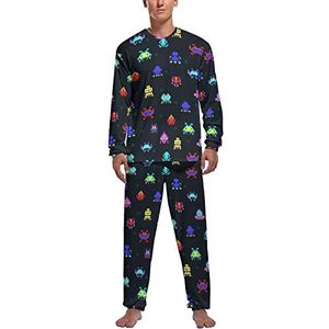 Klassieke Games Space Invaders Patroon Zachte Heren Pyjama Set Comfortabele Lange Mouw Loungewear Top En Broek Geschenken S