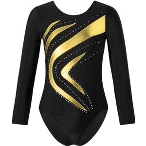 AMENGJ Turnpakje voor meisjes, balletdansuitrusting, turnpakje, ritmische gymnastiek, kunstschaatsen, bodysuit met lange mouwen, catsuit en sportshorts, Goud, 36