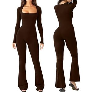 Casual damesjumpsuits | Lange mouw bodycon vierkante hals dames chic broek romper - Yoga-trainingsoutfit met vierkante hals en volledige lengte Praktisch cadeau voor vrouwen op Qarido