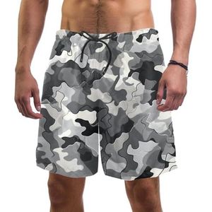 PAFEFO Zwart Grijs Camouflage Print Mannen Board Shorts, Sneldrogende Strand Zwemmen Sport Suits met Zakken, Zwart Grijs Camouflage Print, XL