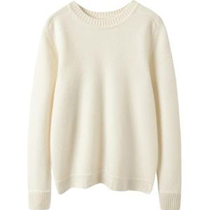 Dames wollen trui ronde hals dubbel-laags verdikt herfst/winter effen trui losse gebreide kleding, Wit, XL