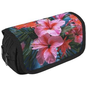 VFKLT Roze bloem tropische plant etui dubbellaags potlood etui grote capaciteit potlood tas dubbele rits draagbare pen etui make-up tas voor mannen vrouwen reizen zakelijk kantoor, Wit, Eén maat,