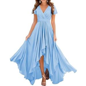 Dames chiffon bruidsmeisjes jurken met split lange galajurken ruches cocktailjurk plus size, Lichtblauw, 32