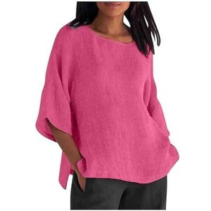 Vrouwen katoenen linnen blouse shirts zomer vrouwelijke O-hals driekwart losse effen tops dagelijkse casual kleding(Hot Pink,3XL)