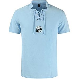 Viking Piraat Heren Katoen Linnen T-shirt Top, Middeleeuws Plus Size Casual Shirt Trekkoord Kraag Kostuum, Nordic V-hals Veters Korte Mouw Streetwear