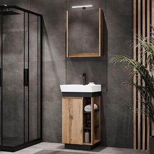 Planetmöbel Nyx badkamermeubelset 3-delig wastafel met onderkast 50 x 85,9 x 42 cm Wotan eiken/antraciet incl. spiegelkast 50 x 65 x 11,4 cm met LED-opbouwlamp & badkamerarmatuur in zwart