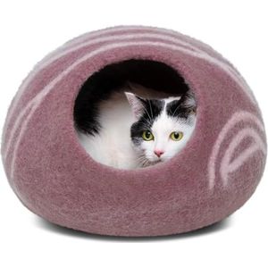 MEOWFIA Premium vilten kattenbed Cave - handgemaakt 100% merinowol schuilplaats voor katten en kittens (levendige tinten) (sneeuwluipaard, groot)