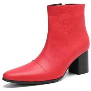 SFSSWSRYDF Leren laarzen met hoge hakken voor heren, ritsen, hoge hak, rits aan de zijkant, laarzen met halfhoge kuit, puntige neus, Chelsea-laarzen,Rood,37 EU