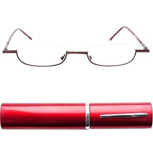 Mini Brille® Smalle Metalen Mini Half Frame Leesbril, Metaal Frame (Rood), GRATIS Slim-Fit Aluminium Koker, Halve Maan Leesbril Mannen en Vrouwen +2,5 Dioptrie