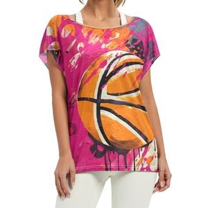 Roze aquarel artwork basketbal dames korte vleermuismouwen shirt ronde hals T-shirts losse tops voor meisjes, Patroon, XXL