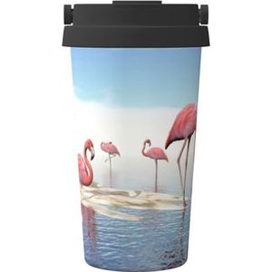 Flock of Pink Flamingo's On The Beach Print Geïsoleerde koffiemok Tumbler, 500 ml reizen koffiemok, voor reizen, kantoor, auto, feest, camping