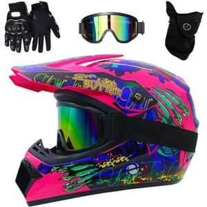 Jeugd Kids ATV Motocross Helm, met Bril Masker Handschoenen, DOT Goedgekeurd, Unisex Full Face Off Road Motorhelm, ATV BMX Downhill Mountainbike Quad Bike Helmen(F3,S(52-53cm))