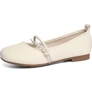 BKYWJTR6 Klassieke parelversiering voor dames, opvallend, elegant, ronde neus, hoogwaardig leer, Mary-Janes-schoenen, dames, kantoor, werk, vrije tijd, beige, 37 EU