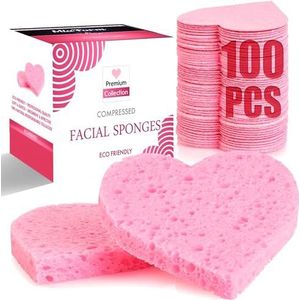 miaform 100 stuks gecomprimeerde gezichtssponzen, 100% natuurlijke cosmetische spa-sponzen voor gezichtsreiniging, exfoliërend masker (roze hart)