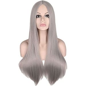 DieffematicJF Pruik Middle Split Scalp Multicolor Long Straight Hair Wig Stage Performance Women's Hair Interwoven Mesh Gray