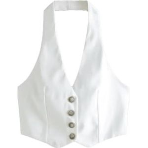 Vrouwen Opknoping Hals Backless Single Breasted Strakke Korte Witte Vest Top Halter Vest Voor Vrouwen Zomer Tops, Beige, L