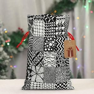 EVANEM Kerstcadeauzakjes met trekkoord 8,3 x 11,8 inch jute geschenkzakken zwart en wit patroon trekkoord tas herbruikbare kerstverpakking tas voor feest jute zakken voor bruiloft opslag