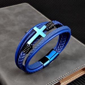 Chakra armband lederen heren armband bedels voor kruis roestvrij stalen lederen   armbanden-blauw kruis-bz, 18.5cm