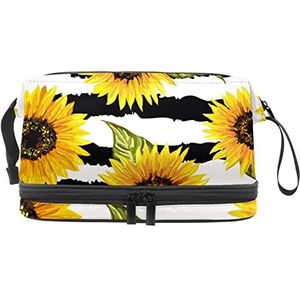 Grote capaciteit reizen cosmetische tas,Zonnebloemen witte zwarte streep, make-up tas,Waterdichte make-up tas organisator, Meerkleurig, 27x15x14 cm/10.6x5.9x5.5 in