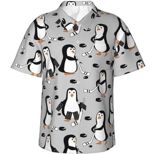 Sanfutian Pinguïn hockey heren 3D print casual button down shirts, nieuwigheid Hawaiiaanse korte mouwen, Zwart, XXL