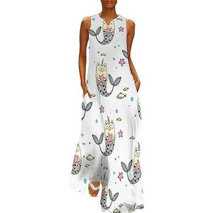Grappige kat zeemeermin dames enkellengte jurk slim fit mouwloze maxi-jurk casual zonnejurk XL
