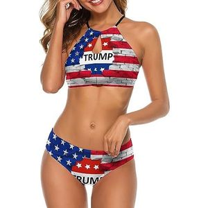 USA Vlag En Trump Zwemmen Kostuum Vrouwen Tweedelige Badpak Bikini Set Badpak Terug Cross Tie XL
