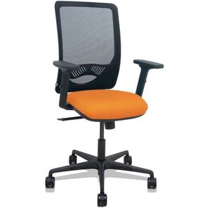 Zulema Ergonomische bureaustoel met synchroonmechanisme, 2D-armleuningen, rugleuning van ademende netstof, zwart, zitting met Bali-stof in oranje, 65 mm wielen van nylon