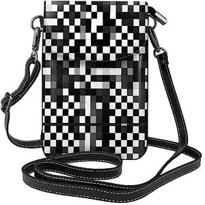 Zwart wit formule geruit patroon stijlvol lederen crossbody flip case, vrouwen ruime telefoon tas, mobiele telefoonhoes tas