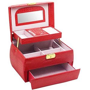 Oorbellen opbergen Doos for vrouwen PU lederen ketting sieraden organizer met spiegel ketting sieraden organizer sieraden houder for oorbellen armbanden ringen rood (kleur: zwart)(Red)