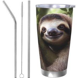 FHEBNDS 20oz beker met deksel en rietje, roestvrij staal geïsoleerde koffiemok, dubbelwandige vacuüm reizen thermische bekers luiaard dier reismok lekvrije auto beker geschenken