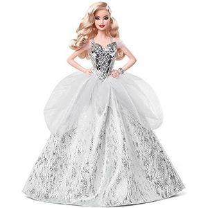 Barbie Signature 2021 Holiday Barbie Doll (30,5 cm, blond golvend haar) in zilveren jurk, met poppenstandaard en certificaat van echtheid
