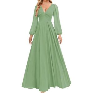 HPPEE Bruidsmeisjesjurken met lange mouwen voor dames, geplooid, A-lijn, V-hals, chiffon, formele avondjurk, feestjurk, Sage Groen, 32