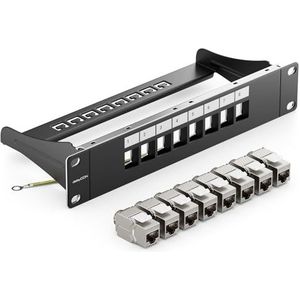 deleyCON 8-Poorts Patchpaneel Set Modulair 1 U 10"" Inch Rekinstallatie + 8x RJ45 Keystone-Modules CAT6a Compatibel met CAT5 CAT6 CAT7 LAN Netwerk Kabel Installatie Kabel Zwart