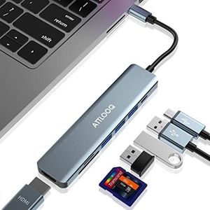 USB C Hub, ATTLOOQ 7-in-1 USB-C adapter, MacBook adapter met 4K HDMI-uitgang, 1 x USB 3.0 en 2 x USB 2.0, 87 W PD, SD/TF kaartlezer, voor MacBook, iPad Pro, Surface Pro en andere type C-apparaten